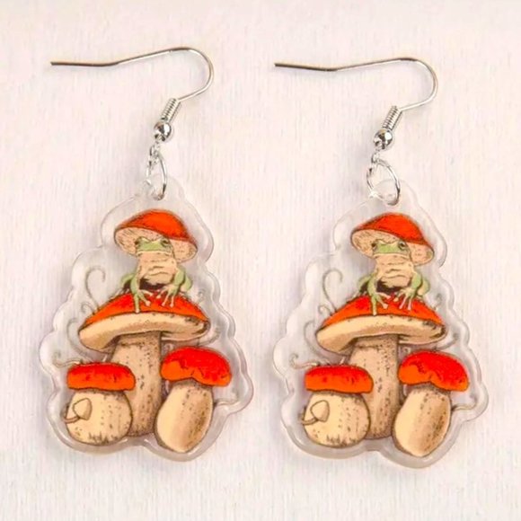 Frog Mushroom Earrings Dangle Alice Wonderland Fun Whimsical Wonderland Trippy - Picture 2 of 3